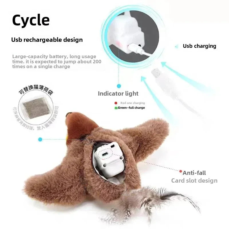 Flying Bird Cat Toy Interactive Cat Toys Rechargeable Chirping Flapping Bird(No Flying) Can Add Catnip Touch Activated Plush Toy