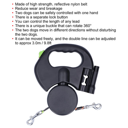 LumoLeash: Retractable Dual Dog Leash with Flashlight & Bag Dispenser